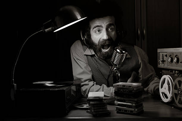 Old fashioned radio disc jockey broadcasting