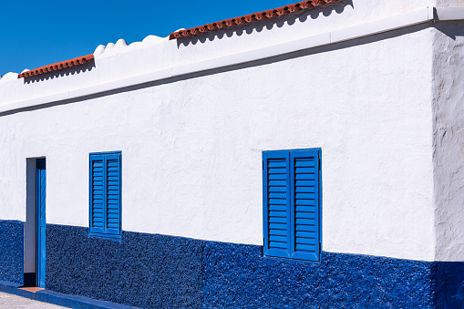 Blue And White House Facade In Puerto De Las Nieves, Gran Canaria