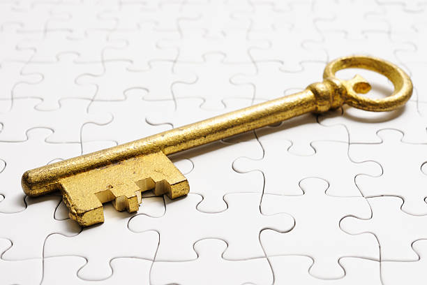 jigsaw puzzle bianco antico con chiave universale - business relationship skeleton key key puzzle foto e immagini stock