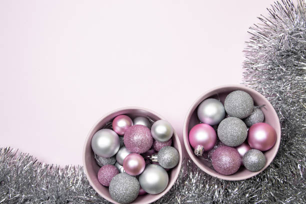 Christmas background with ornaments and silver tinsel