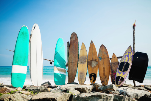 Old surf boards lined up in front of the beach on a sunny day with blue skies.