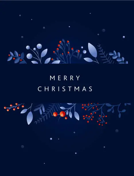 Vector illustration of Merry Christmas Greeting card design template in dark blue with hand drawn branches and florals