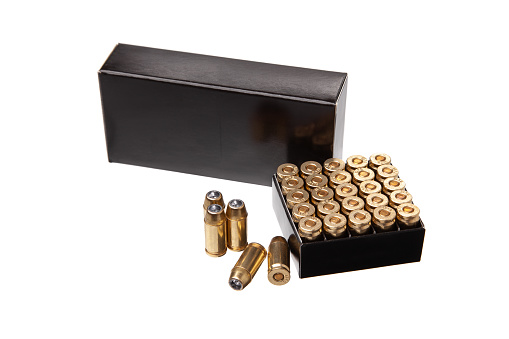 Pistol cartridges 9 mm. Ammunition for pistols and PCC carbines on a  white background.