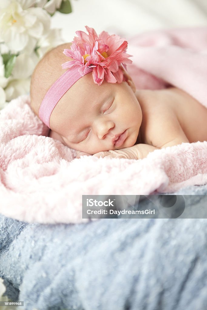 Bebê recém-nascido dormindo com Faixa em cor-de-rosa, azul e cobertores - Foto de stock de Azul royalty-free