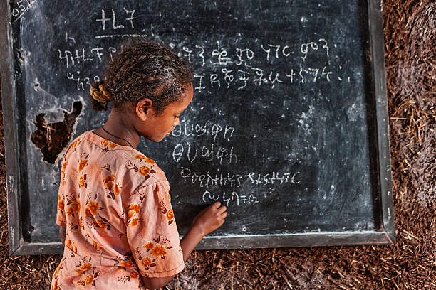 niña africana es el aprendizaje de idiomas amhárico - education blackboard africa youth culture fotografías e imágenes de stock