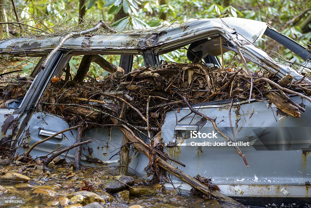 Flood debris on car abandoned in Tennessee A car abandoned in a mountain stream. Location: Unicoi County, Tennessee, USA Appalachia Stock Photo