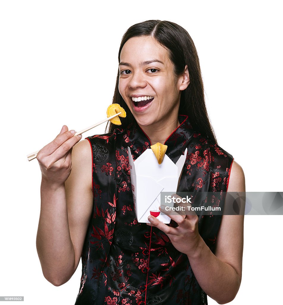 Mujer con comida para llevar, chino, le esperan, y suerte de las Cookies - Foto de stock de Comer libre de derechos