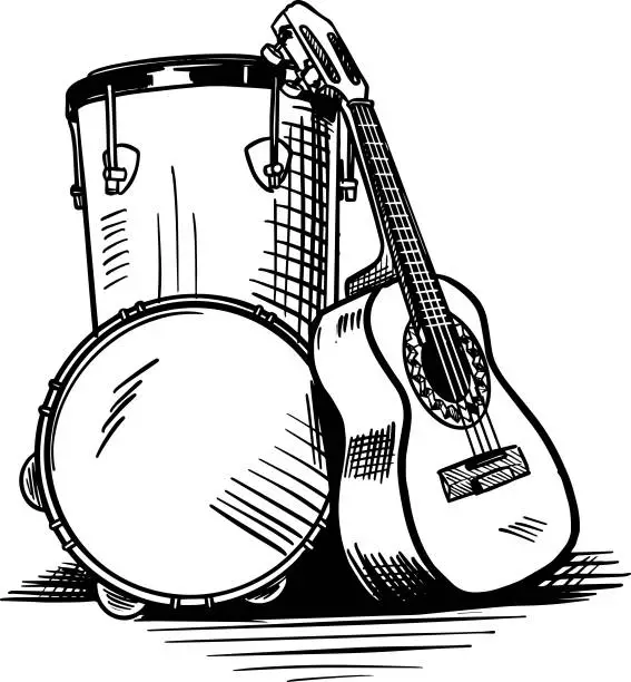 Vector illustration of Samba and pagode instruments: tambourine, tantã, rebolo, cavaquinho, cavaco