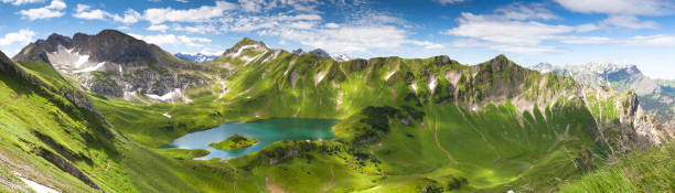 panorama of lake schreeksee in bavaria, allgau alps, germany stock photo