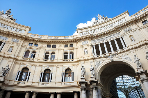 Naples: Low angle view of the majestic entrance of the royal Galleria Umberto I, an arcade built in the 19th century in the city of Southern Italy, Campania region.