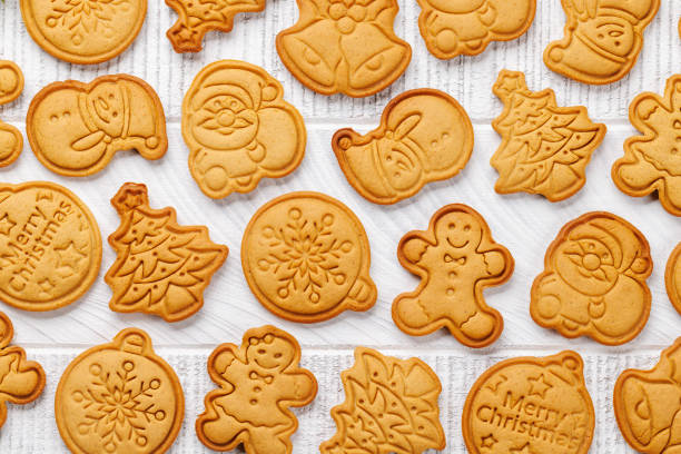 Diverse Christmas gingerbread cookies, festive sweetness. Flat lay