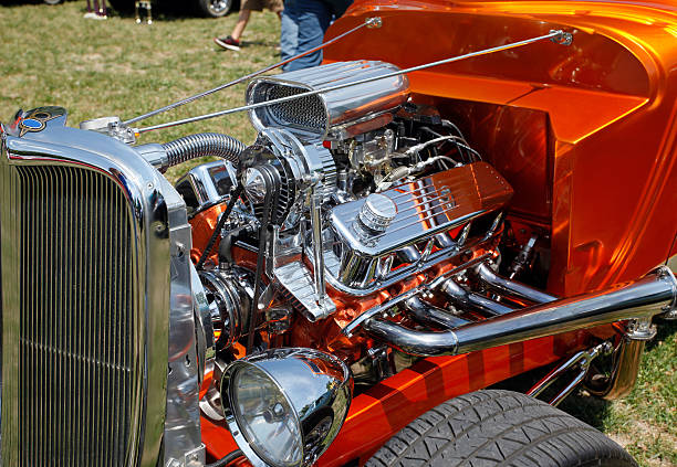 white stripes on the hood and turbo supercharger with red drosels on american the muscle car