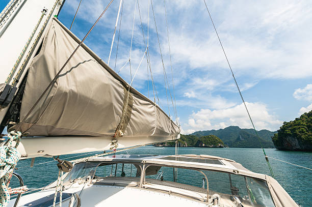 Sailing boat with view over beautiful bay
