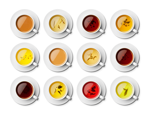 An overhead view of different teas isolated on a white background with a clipping path. From top left across first, White Earl Grey Tea, Jasmine, Assam Black Tea, Green Chai, Camomile and Lavender, White English Breakfast, Snow Dragon, Rooibos, Black Earl Grey, Japanese Bancha, Hibiscus with rose-hip and Green Tea.