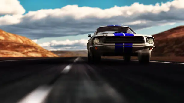 Photo of Old Ford Mustang 1966 speeding on empty dessert road