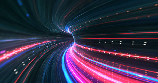 istock Abstract neon lights Sci-Fi futuristic Hi Tech virtual reality tunnel. Futuristic motion graphic. Ultra violet neon light glow. 3D rendering 1818958754