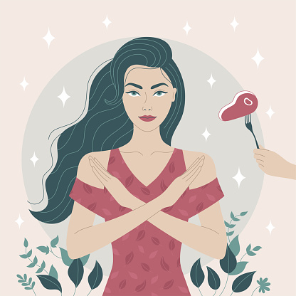 This flat art minimalist illustration depicts a caucasian woman in a simple style, crossing her arms in a gesture of saying no to meat. The vegan girl promotes the concept of stopping meat consumption.
