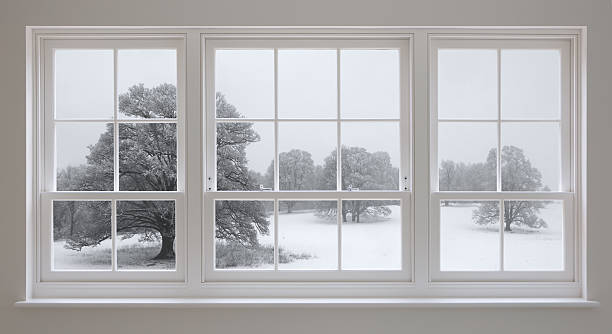 white windows and winter view beautifully crafted white wooden windows in a luxury home with views over a wintery field with frosted oak trees.Looking for a window Please see my window collection including cut-outs with clipping paths by clicking on the Lightbox Link below... window latch stock pictures, royalty-free photos & images