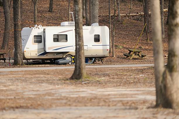 istock Travel trailer camper in campground 181896190