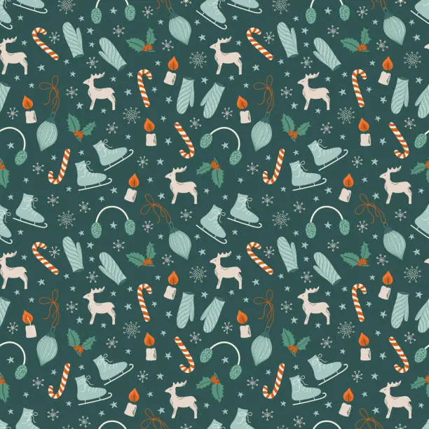 Vector illustration of Retro style Christmas background with cozy objects. Seamless pattern with cute Winter elements on dark green backdrop.