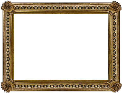 Beautiful antique wooden frame, painted in gold with flowers engraved in a series of black ovals and engraved angles. Empty, on white background.