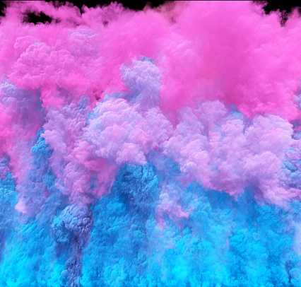 Colorful clouds, smoke effect flowing with turbulences and speed. Cloud collision isolated on black background. Colored abstract smoke explosion dynamic flow. 3D rendering