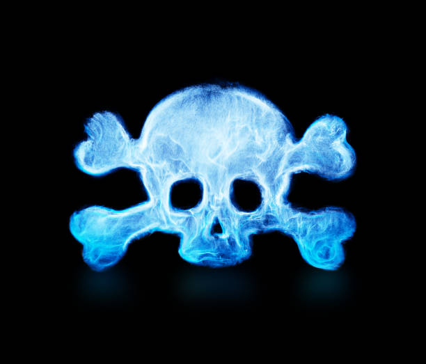 Skull shape with blue swirling particles. Internet piracy and online security motion graphic. Cyber crime, security breach, hacking protection and data theft concept. 3D render
