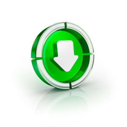 the save or download arrow Symbol on a nice glass seethrough transparent 3D icon in Shiny Green color.. 3D render