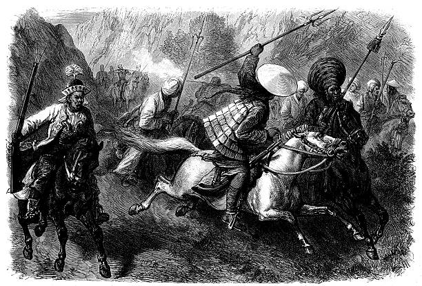 ilustrações, clipart, desenhos animados e ícones de soldados da mongólia no cavalo luta - illustration and painting rifle hunting old fashioned