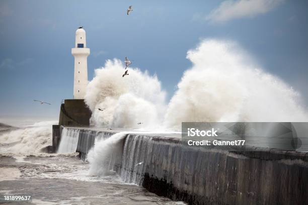 Storm Waves Striking The Aberdeen Harbour Breakwater Scotland Stock Photo - Download Image Now