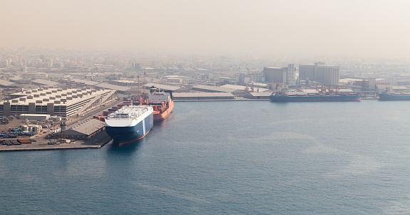 Jeddah Islamic Seaport aerial view with moored cargo ships