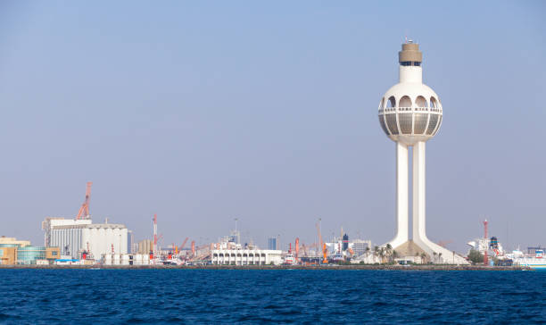 istock Jeddah Islamic Seaport seaside view with white traffic control tower 1818997281