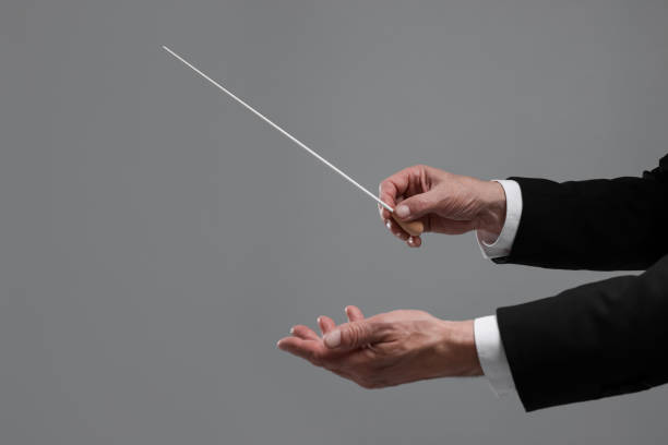 istock Professional conductor with baton on grey background, closeup 1818998922