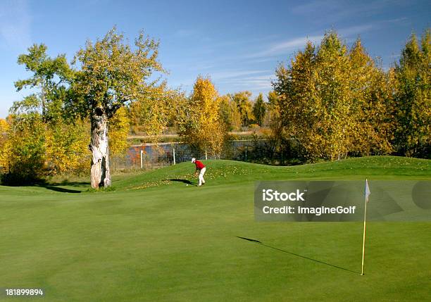 Uomo In Camicia Rossa Cerca Di Pentola Una Palla Su Un Campo Da Golf - Fotografie stock e altre immagini di Autunno
