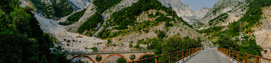 Panorama of one of the Ponti di Vara bridges and surroundings in the Fantiscritti marble area near Carrara, Italy