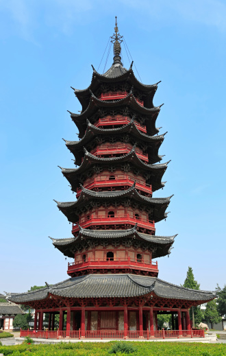 High angle view of Bao'en Pagoda and Five Hundred Arhats in Xichan Temple, Fuzhou, Fujian, China
