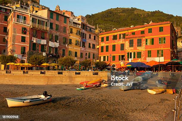 Vernazza Italyboats On The Beach Stock Photo - Download Image Now - Architecture, Beach, Church