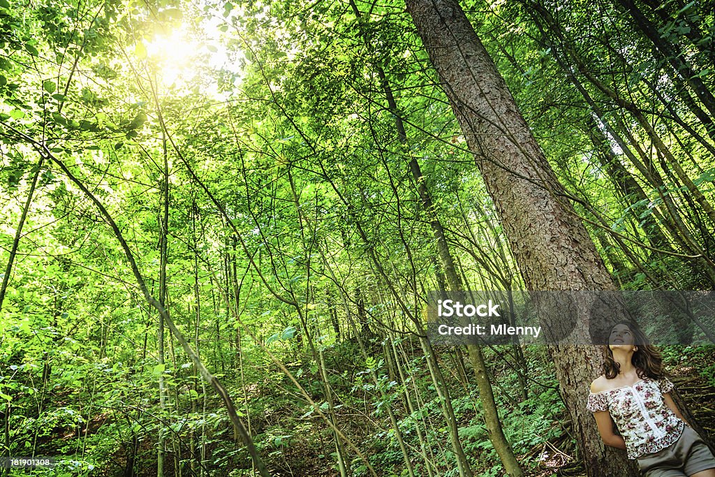 Girl in the Forest "young woman leaning against a tree trunk, looking up to the sun that is shining through the green tree leaves." Adult Stock Photo