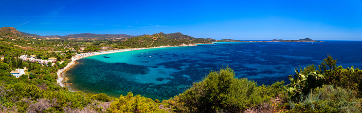 Campus beach in Villasimius. Sardinia, Italy. The beautiful coastline of Campus beach (Spiaggia di Campus) and its turquoise sea, Sardinia, Italy.
