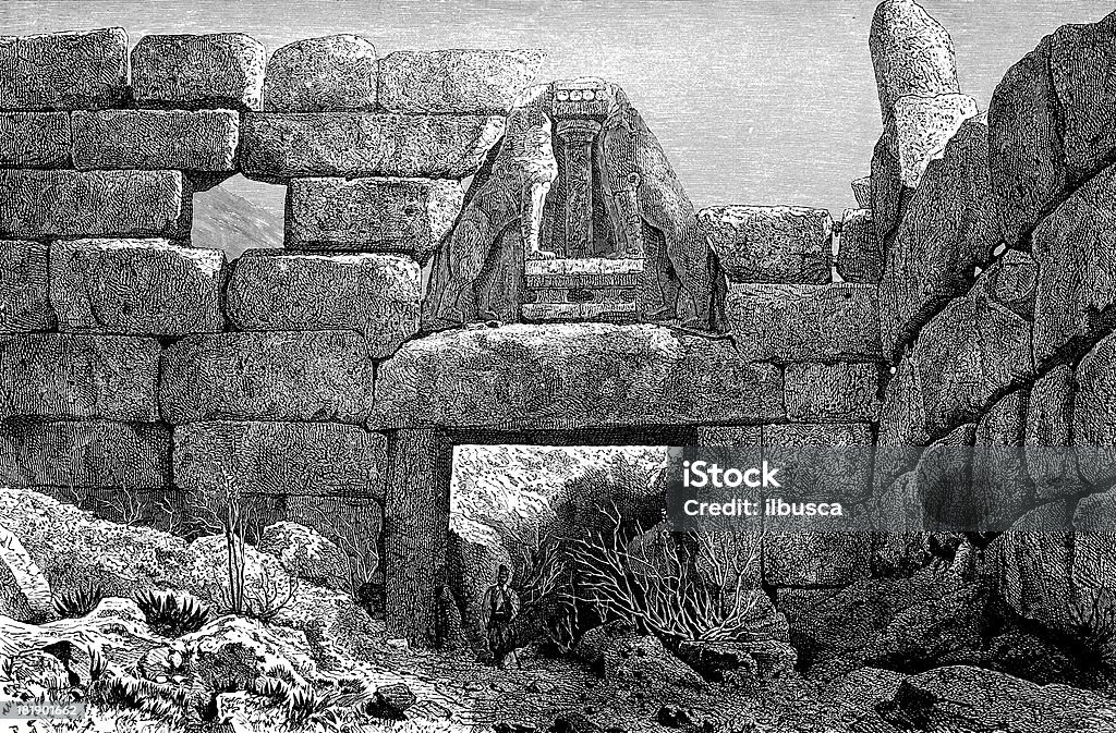 Lwia Brama w Mycenae, Grecja - Zbiór ilustracji royalty-free (Mykeny)