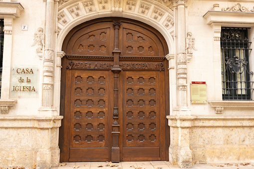Burgos, Spain, Oct. 15, 2023: door and main entrance of Casa de la iglesia, Burgos, Spain
