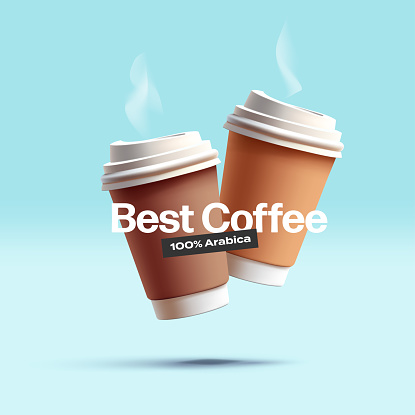 Paper cups with lids 3D. A hot drink, Arabica. akeaway coffee or tea. coffee for advertising cafes. Vector