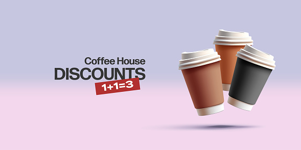 Paper multi-colored cups with lids for coffee and tea, 3D. Banner for advertising discounts on hot drinks. Vector illustration. EPS10
