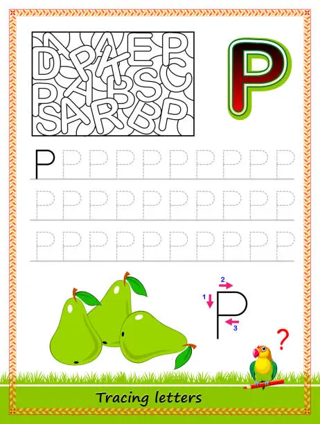 Vector illustration of Worksheet for tracing letters. Find and paint all letters P. Kids activity sheet. Educational page for children coloring book. Developing skills for writing and tracing ABC. Online education.