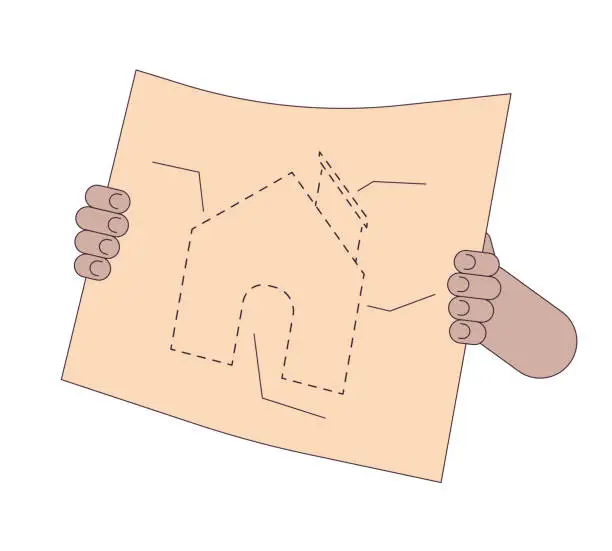 Vector illustration of Holding drafting building plan linear cartoon character hands illustration