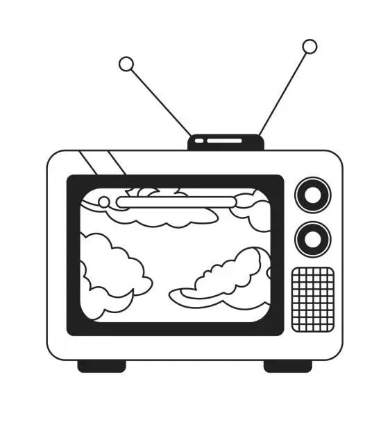 Vector illustration of Heaven cloudscape on vintage tv black and white 2D cartoon object