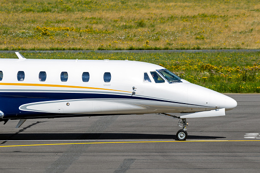 Cessna 680 Citation Sovereign corporate business jet taxiing on the tarmac of Eindhoven Airport. The Netherlands - June 29, 2019