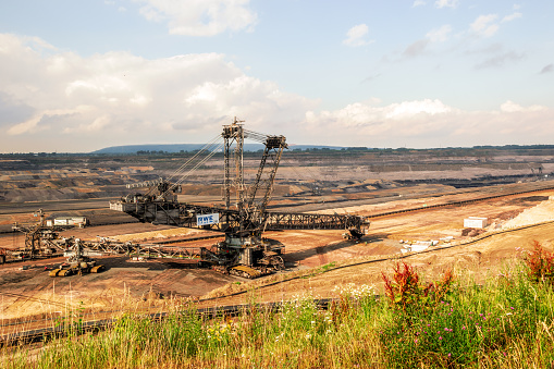 Construction of a large mining bucket-wheel excavator to dig for brown-coal in the open-pit mine at Inden, Germany. July 2, 2017