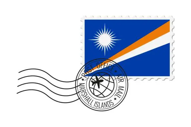 Vector illustration of Marshall Islands postage stamp. Postcard vector illustration with Marshall Islands national flag isolated on white background.