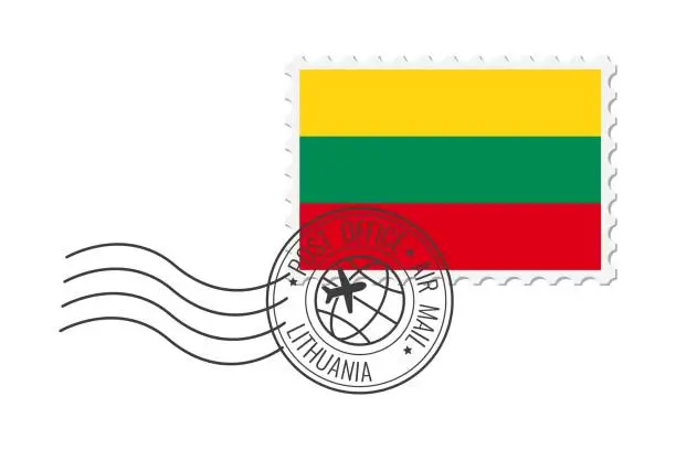 Vector illustration of Lithuania postage stamp. Postcard vector illustration with Lithuanian national flag isolated on white background.